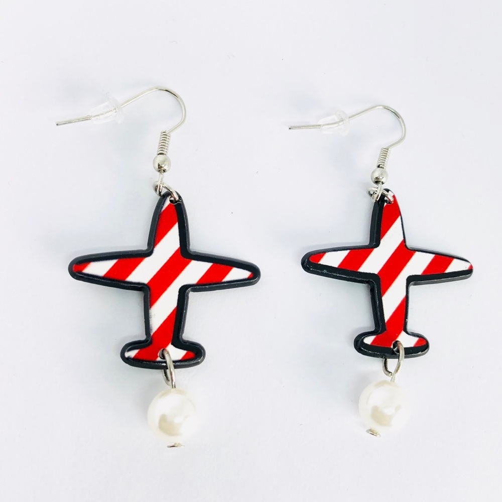 New! Red & White Striped Airplane Dangle Earrings - Picture 1 of 3